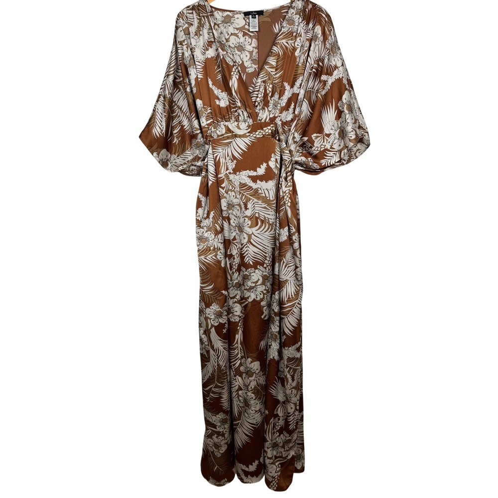 Lulus Kaftan Maxi Dress Empire Waist XL Tan Tropical Boho Satin Holiday Vacay